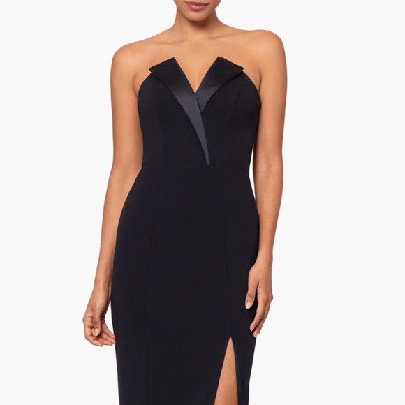 NEW BETSY & ADAM Black STRETCH CREPE Tux Detail STRAPLESS Lapel COLUMN GOWN 10 - Picture 12 of 16